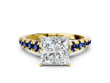 Yellow gold Princess Cut Diamond Cathedral Solitaire Ring with Round with Blue Sapphire side stone Pavé Band_12