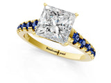 Yellow gold Princess Cut Diamond Cathedral Solitaire Ring with Round with Blue Sapphire side stone Pavé Band_13