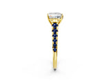 Yellow gold Princess Cut Diamond Cathedral Solitaire Ring with Round with Blue Sapphire side stone Pavé Band_14