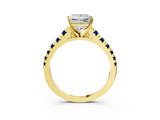 Yellow gold Princess Cut Diamond Cathedral Solitaire Ring with Round with Blue Sapphire side stone Pavé Band_15