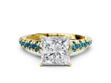 Yellow gold Princess Cut Diamond Cathedral Solitaire Ring with Round with Blue Topaz side stone Pavé Band