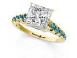 Yellow gold Princess Cut Diamond Cathedral Solitaire Ring with Round with Blue Topaz side stone Pavé Band_1