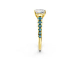 Yellow gold Princess Cut Diamond Cathedral Solitaire Ring with Round with Blue Topaz side stone Pavé Band_2