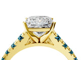 Yellow gold Princess Cut Diamond Cathedral Solitaire Ring with Round with Blue Topaz side stone Pavé Band_4
