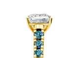 Yellow gold Princess Cut Diamond Cathedral Solitaire Ring with Round with Blue Topaz side stone Pavé Band_5