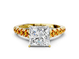 Yellow gold Princess Cut Diamond Cathedral Solitaire Ring with Round with Citrine side stone Pavé Band_24