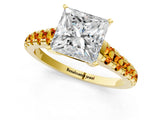 Yellow gold Princess Cut Diamond Cathedral Solitaire Ring with Round with Citrine side stone Pavé Band_25