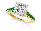 Yellow gold Princess Cut Diamond Cathedral Solitaire Ring with Round with Emerald side stone Pavé Band_1