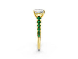 Yellow gold Princess Cut Diamond Cathedral Solitaire Ring with Round with Emerald side stone Pavé Band_2