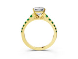 Yellow gold Princess Cut Diamond Cathedral Solitaire Ring with Round with Emerald side stone Pavé Band_3