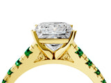 Yellow gold Princess Cut Diamond Cathedral Solitaire Ring with Round with Emerald side stone Pavé Band_4