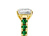 Yellow gold Princess Cut Diamond Cathedral Solitaire Ring with Round with Emerald side stone Pavé Band_5