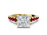 Yellow gold Princess Cut Diamond Cathedral Solitaire Ring with Round with Garnet side stone Pavé Band_12