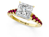 Yellow gold Princess Cut Diamond Cathedral Solitaire Ring with Round with Garnet side stone Pavé Band_13
