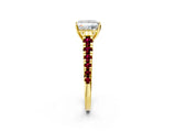 Yellow gold Princess Cut Diamond Cathedral Solitaire Ring with Round with Garnet side stone Pavé Band_14