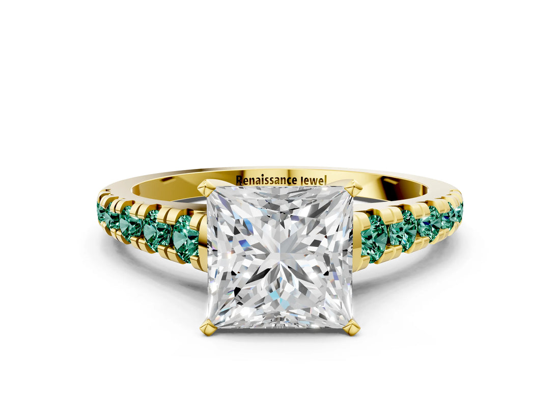 Yellow gold Princess Cut Diamond Cathedral Solitaire Ring with Round with Green Sapphire side stone Pavé Band_12