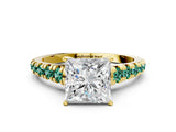 Yellow gold Princess Cut Diamond Cathedral Solitaire Ring with Round with Green Sapphire side stone Pavé Band_12