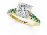 Yellow gold Princess Cut Diamond Cathedral Solitaire Ring with Round with Green Sapphire side stone Pavé Band_13