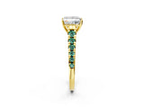 Yellow gold Princess Cut Diamond Cathedral Solitaire Ring with Round with Green Sapphire side stone Pavé Band_14