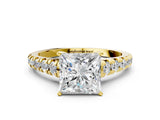 Yellow gold Princess Cut Diamond Cathedral Solitaire Ring with Round with Moissanite side stone Pavé Band_24