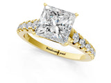 Yellow gold Princess Cut Diamond Cathedral Solitaire Ring with Round with Moissanite side stone Pavé Band_25