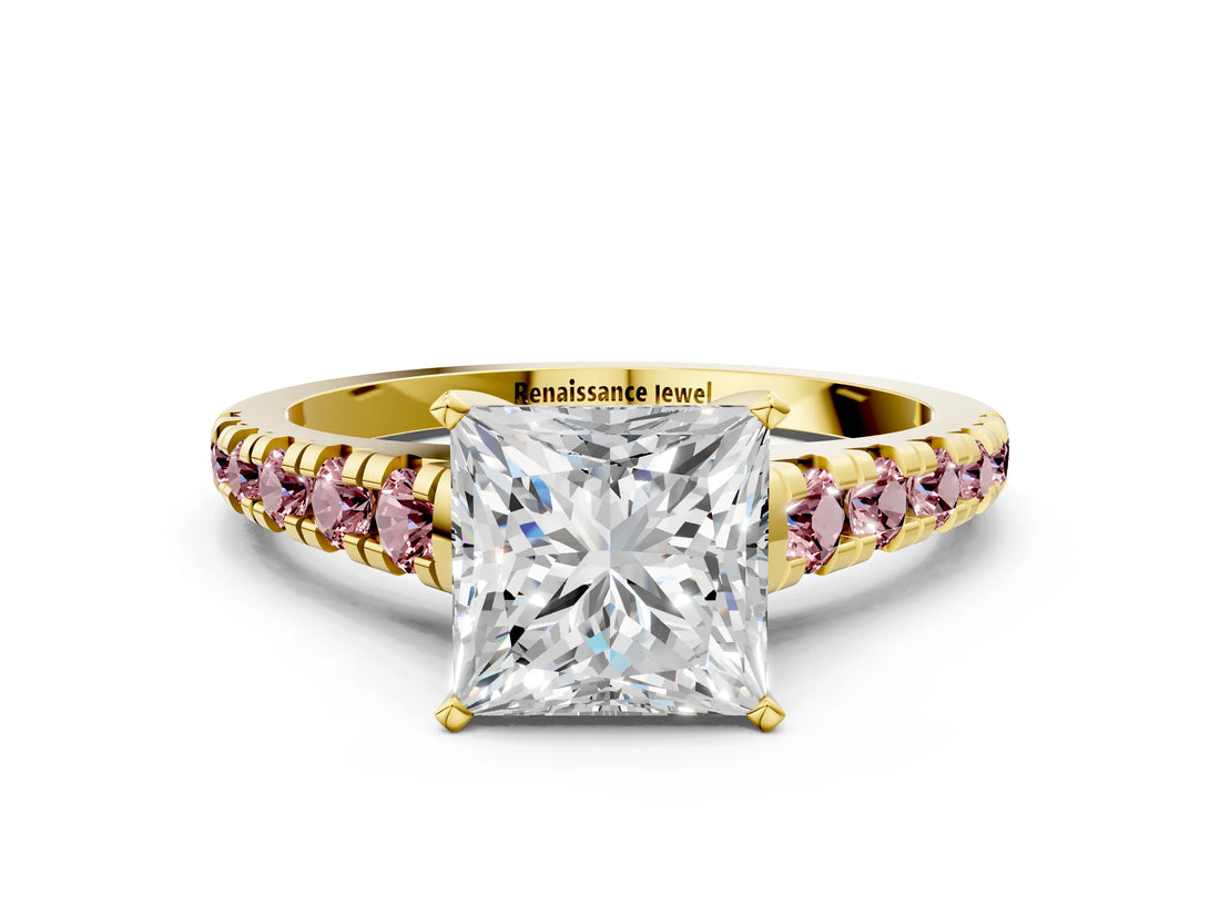 Yellow gold Princess Cut Diamond Cathedral Solitaire Ring with Round with Morganite side stone Pavé Band_12