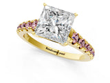 Yellow gold Princess Cut Diamond Cathedral Solitaire Ring with Round with Morganite side stone Pavé Band_13