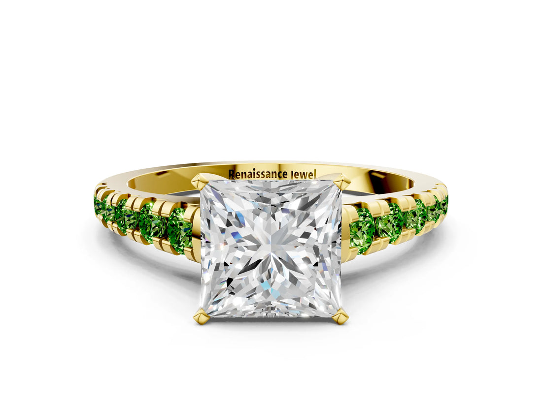 Yellow gold Princess Cut Diamond Cathedral Solitaire Ring with Round with Peridot side stone Pavé Band