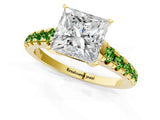 Yellow gold Princess Cut Diamond Cathedral Solitaire Ring with Round with Peridot side stone Pavé Band_1