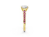 Yellow gold Princess Cut Diamond Cathedral Solitaire Ring with Round with Pink Sapphire side stone Pavé Band_14