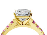 Yellow gold Princess Cut Diamond Cathedral Solitaire Ring with Round with Pink Sapphire side stone Pavé Band_16
