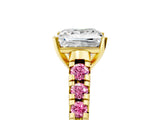 Yellow gold Princess Cut Diamond Cathedral Solitaire Ring with Round with Pink Sapphire side stone Pavé Band_17