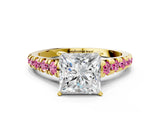 Yellow gold Princess Cut Diamond Cathedral Solitaire Ring with Round with Pink Sapphire side stone Pavé Band_21