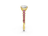 Yellow gold Princess Cut Diamond Cathedral Solitaire Ring with Round with Pink Sapphire side stone Pavé Band_23