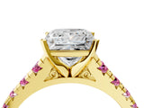 Yellow gold Princess Cut Diamond Cathedral Solitaire Ring with Round with Pink Sapphire side stone Pavé Band_25