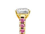 Yellow gold Princess Cut Diamond Cathedral Solitaire Ring with Round with Pink Sapphire side stone Pavé Band_26