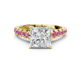 Yellow gold Princess Cut Diamond Cathedral Solitaire Ring with Round with Pink Sapphire side stone Pavé Band_33
