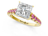 Yellow gold Princess Cut Diamond Cathedral Solitaire Ring with Round with Pink Sapphire side stone Pavé Band_34