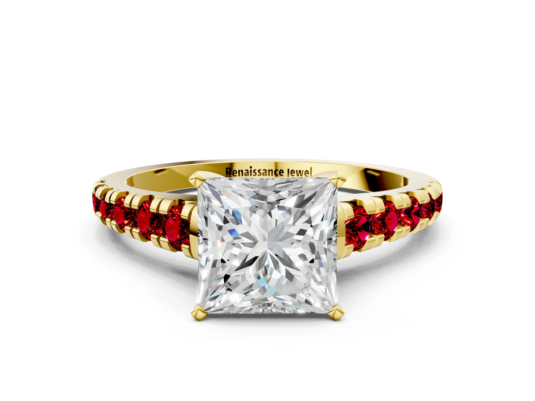 Yellow gold Princess Cut Diamond Cathedral Solitaire Ring with Round with Ruby side stone Pavé Band_24