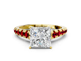 Yellow gold Princess Cut Diamond Cathedral Solitaire Ring with Round with Ruby side stone Pavé Band_24