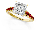 Yellow gold Princess Cut Diamond Cathedral Solitaire Ring with Round with Ruby side stone Pavé Band_25