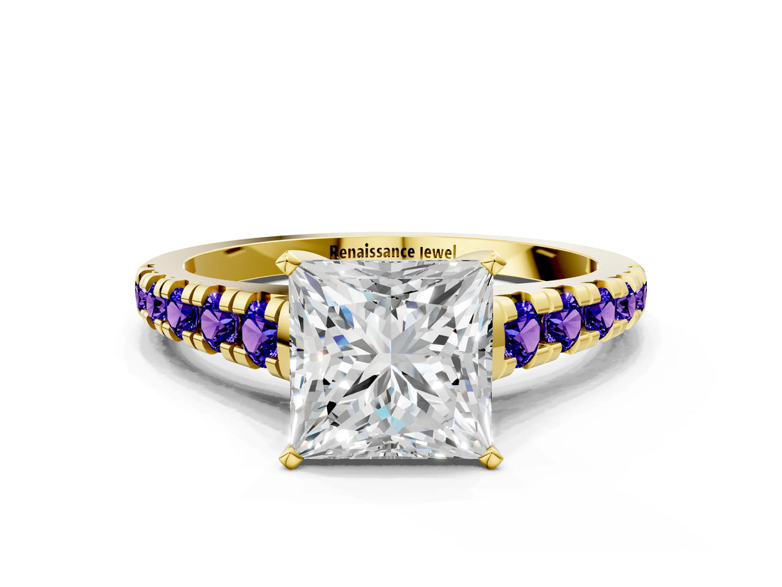 Yellow gold Princess Cut Diamond Cathedral Solitaire Ring with Round with Tanzanite side stone Pavé Band