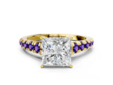 Yellow gold Princess Cut Diamond Cathedral Solitaire Ring with Round with Tanzanite side stone Pavé Band