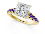 Yellow gold Princess Cut Diamond Cathedral Solitaire Ring with Round with Tanzanite side stone Pavé Band_1