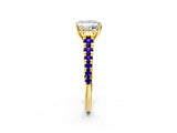 Yellow gold Princess Cut Diamond Cathedral Solitaire Ring with Round with Tanzanite side stone Pavé Band_2