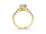 Yellow gold Princess Cut Diamond Cathedral Solitaire Ring with Round with Tanzanite side stone Pavé Band_3