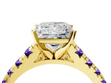 Yellow gold Princess Cut Diamond Cathedral Solitaire Ring with Round with Tanzanite side stone Pavé Band_4