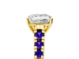 Yellow gold Princess Cut Diamond Cathedral Solitaire Ring with Round with Tanzanite side stone Pavé Band_5