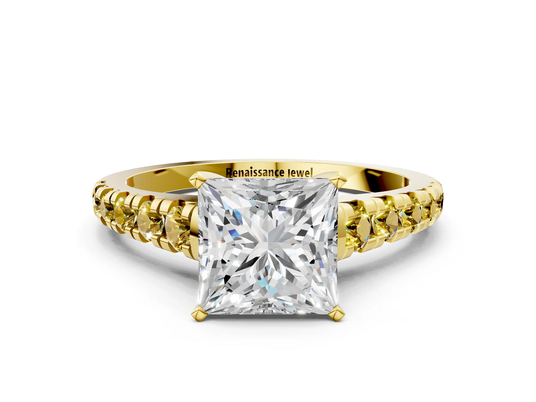 Yellow gold Princess Cut Diamond Cathedral Solitaire Ring with Round with Yellow Sapphire side stone Pavé Band_47