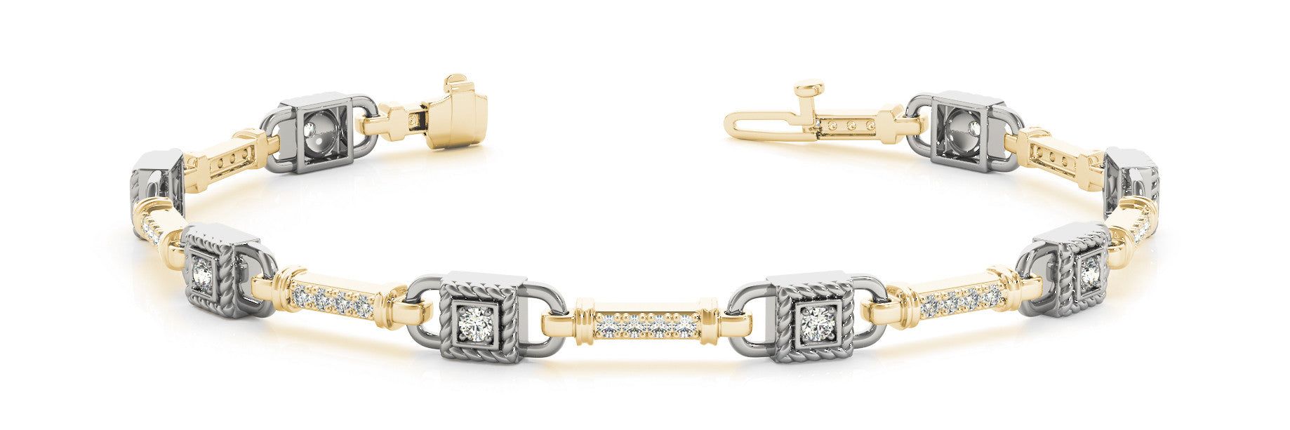 Yellow gold Princess Cut Diamond Channel Set Link Bracelet with Bezel Prong Setting
